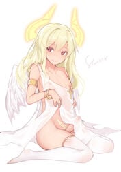 1boy angel_wings armlet bangle bangs bare_shoulders bracelet cross erection erection_under_clothes eyebrows_visible_through_hair full_body glowing groin halo heart heart-shaped_pupils highres jewelry long_hair looking_at_viewer male_focus nipple_piercing nipple_slip nipples no_shoes original penis piercing precum pubic_tattoo red_eyes see-through shiny shiny_hair simple_background sitting smile solo stmaster symbol-shaped_pupils tattoo thighhighs thighs trap tsurime uncensored wariza wet wet_clothes white_background white_legwear white_wings wings