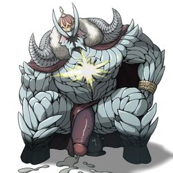 1boy bara blush cape cum ejaculation faceless fate/grand_order fate_(series) flaccid horns ivan_the_terrible_(fate) large_penis loincloth loincloth_aside male_focus male_only muscle penis simple_background sitting solo spread_legs sunspotfish sweat white_background