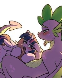 2017 aged_up alicorn bedroom_eyes blush cutie_mark dragon duo equine erection eyebrows eyebrows_visible_through_hair eyelashes fangs feathered_wings feathers female feral floppy_ears forked_tongue friendship_is_magic green_eyes hair half-closed_eyes hi_res hooves horn interspecies larger_male licking looking_pleasured lying male mammal multicolored_hair my_little_pony nude open_mouth oral penis penis_grab penis_lick piecee01 purple_eyes purple_feathers scalie seductive sex simple_background size_difference spade_tail spike_(mlp) straight sweat teeth tongue tongue_out twilight_sparkle_(mlp) white_background wings