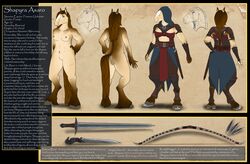 2018 anthro armor assassin bow breasts clothing dagger english_text equine female hair hi_res hood horse invalid_tag looking_at_viewer mammal melee_weapon model_sheet muscular nare nipples nude pose pussy shapyra_asaro simple_background standing sword text weapon zeshapyra