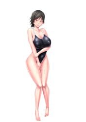 barefoot black_hair breasts crossed_arms curvy female full_body game_cg julia_bloodstone kangoku_academia large_breasts lilith-soft looking_at_viewer nipples partially_visible_vulva pussy_juice red_eyes shiny shiny_skin short_hair sian smile solo standing sweat swimsuit transparent_background underwear