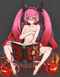 barefoot black-framed_eyewear black_bow blush book bow breasts closed_mouth covering_nipples female fire glasses grey_background grimoire hairband hairbow hand_up highres long_hair looking_at_viewer navel nude open_book pink_eyes red_eyes rosaline signature simple_background small_breasts smile solo spread_legs summoning tentacle trembling twintails very_long_hair wangzhe_rongyao