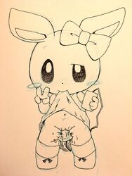 2017 blush clothing dildo female gesture hair_ribbon hairbow lagomorph looking_at_viewer mammal monochrome pussy rabbit ribbons sex_toy simple_background smile solo tatwuyan v vaginal_penetration