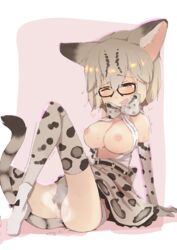 :d animal_ears bare_shoulders black-framed_eyewear bow bowtie breath cat_ears cat_tail elbow_gloves extra_ears eyebrows_visible_through_hair female glasses gloves green_eyes greyscale hair_between_eyes heart heart-shaped_pupils high-waist_skirt highres kemono_friends margay_(kemono_friends) margay_print masturbation monochrome nipples oerba_yun_fang one_eye_closed open_clothes open_mouth open_shirt print_bow print_gloves print_legwear print_neckwear print_skirt shirt short_hair simple_background skirt sleeveless sleeveless_shirt smile solo symbol-shaped_pupils tail tears teranekosu wince