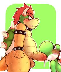 1boy 1other 2018 ambiguous_gender anthro balls blue_eyes blush bowser collar cum cum_in_mouth cum_inside duo erection fellatio green_background hair horn humanoid_penis koopa larger_male looking_at_another male male/ambiguous male_only mario_(series) nintendo nude oral orgasm penis red_hair scales scalie sex shell side_view simple_background size_difference spiked_armlet spiked_collar spikes standing vein veiny_penis video_games white_border yellow_scales yoshi zackary911