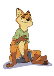 2018 anthro barely_visible_genitalia bedroom_eyes canine clothed clothing clothing_lift dipstick_ears dipstick_tail disney flaccid fox gloves_(marking) green_eyes half-closed_eyes ittybittykittytittys looking_at_viewer male male_only mammal markings multicolored_tail nick_wilde pants_pull pawpads penis penis_base seductive shirt shirt_lift shorts signature simple_background sitting smile socks_(marking) solo subtle_penis white_background zootopia