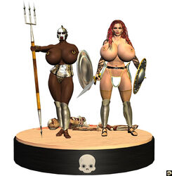 2girls 3d bare_shoulders big_breasts bracer busty chainmail cleavage curvy dark-skinned_female dark_skin erect_nipple erect_nipples eyelashes female female_only front_view gray_eyes half-dressed half_dressed helmet holding_object hourglass_figure human lexia_(xskullheadx) looking_at_viewer multiple_females multiple_girls nail_polish nipple_piercing no_bra piercing pitchfork pose posing sandals sheran shield shiny shiny_skin simple_background standing sword tattoo thick_lips thong topless tree voluptuous weapon white_background wide_hips xskullheadx