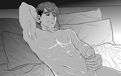 1boy bed erection human killing_stalking male male_focus male_only masturbation monochrome nude oh_sangwoo on_back open_eyes penis pillow sheets short_hair sitting solo uncensored