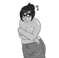 1girls annoyed asian breasts covering_breasts donutsecret eyewear female female_only glasses greyscale looking_at_viewer mei_(overwatch) overwatch shirtless solo tagme topless