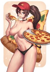 1girls barely_clothed black_panties breasts brown_eyes brown_hair choker culinary_masters_series female female_only large_breasts league_of_legends long_hair mostly_nude nude nude_female offering_food offering_to_viewer oopartz_yang paid_reward panties patreon_reward pizza pizza_delivery_sivir ponytail pussy sivir solo_focus