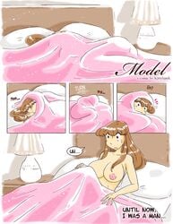 blue_eyes blush breasts brown_hair comic female kittyhawk long_hair nipples nude