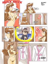 1boy 1girls bellhop blue_eyes blush breasts brown_hair brown_pubic_hair comic hotel_room kittyhawk long_hair mirror nipples nude peephole pubic_hair reflection robe sweatdrop