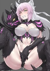 abs agrius_metamorphosis ahoge animal_ears atalanta_(alter)_(fate) bangs belt_collar black_collar braid breasts breasts_apart buckle claws clenched_teeth commentary english_commentary erect_nipples eyebrows_visible_through_hair fangs fate/grand_order fate_(series) female french_braid fur gradient_hair green_eyes grey_background grey_hair hair_between_eyes head_tilt large_breasts long_hair looking_down masturbation mikoyan multicolored_hair navel pale_skin pink_hair pussy_juice scowl shiny shiny_skin sidelocks simple_background sitting slit_pupils spread_legs sweatdrop tail teeth toned trembling tusks yellow_sclera