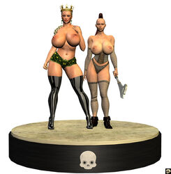 2girls 3d big_breasts black_footwear black_legwear black_stockings blonde_hair braid breasts busty chainmail cleavage club crown curvy detached_sleeves ear_piercing earrings erect_nipple erect_nipples eyelashes female female_only footwear front_view gray_eyes half-dressed half_dressed high_heels holding_object hourglass_figure human inga_(xskullheadx) legwear long_hair looking_at_viewer multiple_females multiple_girls nail_polish no_bra piercing ponytail pose posing queen queen_yasmin red_hair royalty shiny shiny_skin simple_background standing stockings thong tied_hair topless voluptuous weapon white_background wide_hips xskullheadx yellow_hair