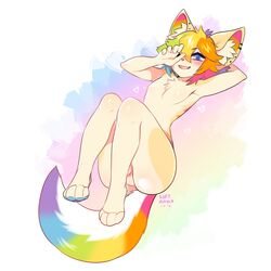 anthro balls blonde_fur blonde_hair blue_eyes blush canine chest_tuft colored_hair ear_piercing enjoipandas fur girly hair heart looking_at_viewer male male_only mammal multicolored_fur multicolored_hair open_mouth pawpads paws piercing radio_(chicaaago) rainbow_fur rainbow_hair simple_background smile solo solo_male tuft white_background wolf