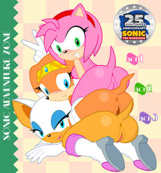 3girls amy_rose anus ass ass_up bat blue_eyes blush echidna female female_only green_eyes hedgehog licking looking_at_viewer mammal multiple_girls neoeclipse orange_fur pink_fur presenting presenting_anus presenting_pussy pussy rouge_the_bat sega smile sonic_(series) teasing teeth tikal_the_echidna video_games