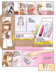 1boy 1girls bathroom blue_eyes blush brown_hair brown_pubic_hair comic dildo kittyhawk lube masturbation mirror pubic_hair pussy reflection robe vibrator