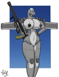 a_drunk_dragon aircraft airplane big_breasts breasts female gun huge_breasts jet living_aircraft living_machine machine pussy ranged_weapon solo weapon