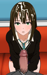 1boy black_cardigan black_hair censored clothed_female_nude_male cum cum_on_hair female green_eyes green_neckwear highres idolmaster idolmaster_cinderella_girls jewelry long_hair male_pubic_hair mosaic_censoring necklace necktie nude open_mouth penis pov producer_(idolmaster) pubic_hair school_uniform shibuya_rin shishi_otome sitting striped_neckwear sweatdrop translation_request