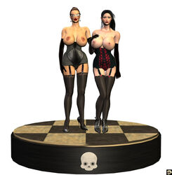 2girls 3d aunty_robin bare_shoulders big_breasts black_eyes black_gloves black_hair breast_outside busty cleavage corset curvy ear_piercing earrings elbow_gloves erect_nipple erect_nipples female female_only footwear front_view garter garter_straps glasses gloves half-dressed half_dressed hand_on_breast high_heels hourglass_figure human indoors inside lady_darla legwear lingerie lipstick long_hair looking_at_viewer makeup multiple_females multiple_girls no_bra piercing pose posing red_lipstick shiny shiny_skin short_hair simple_background standing stockings topless voluptuous white_background xskullheadx