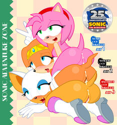 3girls amy_rose anus ass ass_up bat blue_eyes blush cum cum_in_ass cum_in_pussy cum_inside cum_leaking cumdrip echidna female female_only green_eyes hedgehog knuckles_the_echidna licking looking_at_viewer looking_pleasured mammal multiple_girls neoeclipse orange_fur pink_fur presenting presenting_anus presenting_pussy pussy rouge_the_bat sega shadow_the_hedgehog smile sonic_(series) sonic_the_hedgehog teasing teeth tikal_the_echidna tongue tongue_out video_games