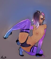 1boy areolae blush bulge dark-skinned_femboy dark-skinned_male dark_skin femboy flat_chest genderswap_(ftm) girly male male_only navel nipples nori-7k overwatch rule_63 solo sombra thighhighs toe_socks toes trap