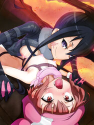 2girls ahe_gao big_breasts black_hair breasts brown_hair clothing facial_mark facial_markings facial_tattoo female female_only gloves gun_gale_online holding_hands human kohiruimaki_karen llenn_(sao) long_hair looking_at_viewer multiple_girls nipples open_mouth pink_hair pitohui_(sao) ponytail purple_eyes rbx_lamen scarf short_hair small_breasts smile sword_art_online sword_art_online_alternative:_gun_gale_online tattoo tongue tongue_out yuri