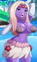 1girls 2016 arm_up armpits belly big_breasts black_eyes blonde_hair breasts cleavage clouds coconut_bra covered_nipples dalley_le_alpha day eyelashes female female_only flower gloves grass_skirt hips jynx lipstick long_hair looking_at_viewer midriff navel nintendo open_mouth outdoors palm_tree pokemon pokemon_(species) pokemon_rgby purple_skin skirt sky solo standing teeth text thick_lips thin_waist tongue tree voluptuous water watermark