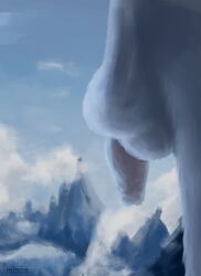 anthro balls cloud digital_media_(artwork) exhibitionism flaccid foreskin fur hi_res male male_only mammal mountain nude penis sagging_balls salt_pepper white_fur