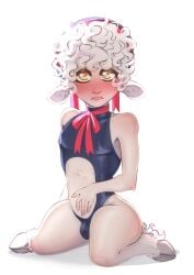 1boy 1male blush blushing_at_viewer bow boy bulge bulge_through_clothing eye_contact femboy flaminggay gold_eyes hooves original_character pale_skin pinup pinup_pose pout pouting sheep_boy sheep_ears sheep_humanoid sheep_tail skintight thick_thighs white_hair yellow_eyes young_boy