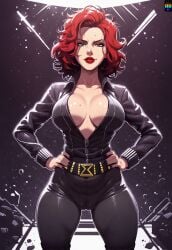 ai_generated belt big_breasts big_hips black_widow_(marvel) bottom_heavy cameltoe cute_face marvel marvel_comics mature_female moles open_shirt red_hair red_lipstick repartz shiny_skin small_waist teasing thick_thighs tight_clothing tight_fit