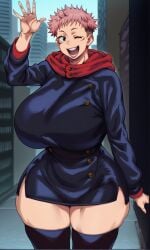 1girls ai_generated ass big_ass big_breasts breasts brown_eyes buttons cham22_(style) city cowboy_shot creamballz curvaceous curvy ear eigaka_(style) eyelashes facial_markings female genderswap_(mtf) hand_up hood hood_down huge_ass huge_breasts itadori_yuuji jacket jujutsu_kaisen large_ass large_breasts long_sleeves looking_at_viewer one_eye_closed open_mouth pink_hair rule_63 school_uniform schoolgirl short_hair skindentation skirt smiling solo solo_female spiked_hair thick thick_thighs thighhighs thighs thin_waist undercut waving wide_hips wink zettai_ryouiki