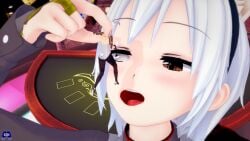 1boy 1girls bunny_ears bunnysuit casino catboy catgirl choker femboy femdom giantess giantess_vore heterochromia horn imminent_vore koikatsu larger_female micro_male open_mouth oral_vore smaller_male steele734_(artist) tagme tail tattoo vore wes_(steele734) white_hair