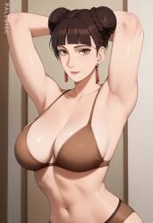 1girls ai_generated arms_behind_head arms_up artist_name big_breasts blunt_bangs blush boruto:_naruto_next_generations bra breasts brown_hair cleavage double_bun earrings female female_only jewelry large_breasts light-skinned_female light_skin looking_at_viewer mature mature_female midriff milf nai_diffusion naruto naruto_(series) pale-skinned_female pale_skin paledisc panties petite petite_body sagging_breasts solo stable_diffusion tenten tied_hair twin_buns underwear url watermark web_address white_skin