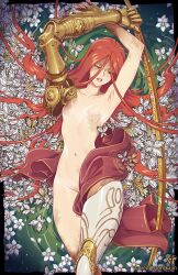 1girls arms_up elden_ring fromsoftware girl kajinman lying malenia_blade_of_miquella nails nipples nude pussy red_hair sex solo solo_female solo_focus