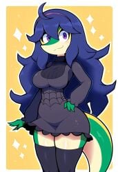 absurd_res accessory ai_generated anthro blue_hair breasts clothed clothing dress female generation_5_pokemon hair hellsonger hi_res legwear long_hair nintendo pokemon pokemon_(species) purple_eyes purple_hair simple_background smile snex_maniac snivy solo sparkles sweater thigh_highs yellow_background