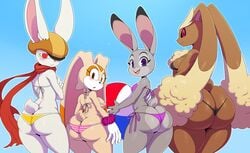 2018 4girls absurdres aged_up anthro ass ass_cleavage back ball beach_ball big_ass bikini black_sclera blue_background blue_border blush breasts brown_eyes brown_fur buckteeth butt_crack cream_the_rabbit crossed_arms crossover dipstick_ears disney dragon_ball dragon_ball_super female female_only furry gloves grey_fur group hat highres holding huge_ass judy_hopps lagomorph large_ass large_breasts long_ears looking_at_viewer looking_back lopunny mammal nintendo open_mouth orange_fur pokemon pokemon_(species) pokemon_dppt purple_eyes rabbit rear_view red_eyes scarf shortstack sideboob simple_background size_difference smile sonic_(series) sorrel sssonic2 standing striped_bikini striped_swimsuit swimsuit tail tan_fur thick_thighs thong tongue wavy_mouth white_fur wide_hips zootopia