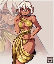 1girls aphrodite aphrodite_(fortnite) bikini dark-skinned_female dark_skin fortnite fortnite:_battle_royale gold_bikini gold_clothing gold_panties golden_bikini golden_clothing jizuz solo_female white_hair