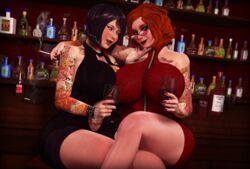 2girls 3d alcohol armpit_hair bar bimbo black_hair blush bottle breasts busty cassiopeia_riverdance cigarette cleavage drunk eyeshadow female female_only freckles glasses goth green_eyes hairy jazmine_truise lipstick makeup milf orange_hair original original_character piercing rasmus-the-owl redhead smoking stretch_marks tattoo tight_clothing voluptuous wine wine_glass