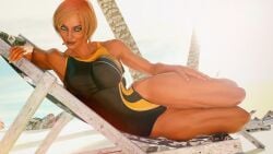 1girls 2020 3d athletic_female black_one-piece_swimsuit black_swimsuit blonde_hair female female_only huge_breasts jonasd jonasd-3dart joyce_(jonasd) looking_at_viewer one-piece_swimsuit original_character outdoor outdoors outside short_hair solo solo_female swimsuit tan_skin