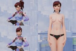 1girls 3d 3koma alternate_version_available asian_female barely_covered black_panties blizzard_entertainment breasts briefs briefs_only brown_hair clothed/nude d.va embarrassed embarrassed_nude_female embarrassed_underwear_female embarrassing_outfit enf euf female female_only girls_reacting_to_bikini_(meme) hana_song overwatch panties_only ponytail reluctant sequence topless topless_female trying_on_clothes womp_womp