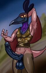 4_fingers anthro balls big_penis blue_body clothing day74art fingers genitals hi_res male penis prehistoric_species pterodactylus pterosaur red_eyes reptile scalie shirt solo tail topwear