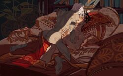 artistic artistic_background ass bishonen canon_couple european_mythology gay greek_mythology hades_(game) holding_partner implied_sex laurel_crown love male_only mythology no_visible_genitalia nude_male public_domain sweat thanatos_(hades) undercut white_hair yaoi zagreus zheyuanyuan