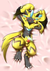 1boy 2018 3_toes 4_fingers 7nulls animal_genitalia anthro arm_grab bed belly big_feet big_hands black_fur blue_eyes blue_fur blush censor_bar censored claws creative_censorship disembodied_hands erection fangs feet feline fur furry half-closed_eyes legendary_pokémon looking_at_viewer lying lying_on_bed male male_only male_zeraora mammal navel nintendo on_back open_mouth pawpads paws penis pink_background pinned_down pokémon_(species) pokemon pokemon_usm sheath solo_focus stripes tapering_penis tears teeth testicles text thick_thighs thin_waist video_games watermark whiskers yellow_fur zeraora