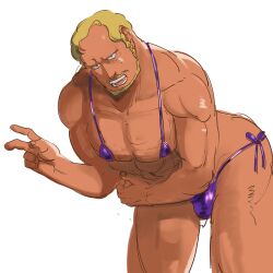 bara bikini blonde_hair glico glico_(artist) gundam henken_bekkener male male_only peace_sign purple_bikini romantic_hatoba solo solo_focus solo_male tanned_male tanned_skin victory_pose zeta_gundam