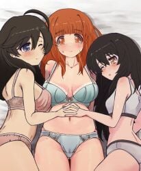 3girls blue_bra blue_panties bra girls_und_panzer half_naked isuzu_hana looking_at_viewer on_back on_bed panties pink_bra pink_panties reizei_mako take_your_pick takebe_saori white_bra white_panties yuri