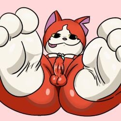 3_toes anthro asian_mythology balls day74art domestic_cat east_asian_mythology feet felid feline felis genitals japanese_mythology jibanyan level-5 male mammal mythology notched_ear penis red_body solo toes tongue yo-kai_watch yokai