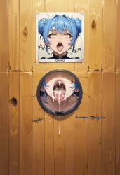 ai_generated blue_frog blue_hair cum_in_mouth cum_leaking_out_of_mouth double_bun glory_hole glory_hole glory_wall hair_buns inviting_to_suck open_mouth portrait portrait_(object) tally_marks tongue_out yellow_eyes