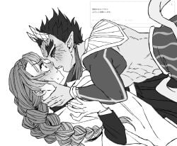 1boy 1girls before_sex blush demon demon_boy demon_horns demon_slayer dominant dominant_male domination female hantengu hashira horny horny_male human kanroji_mitsuri kimetsu_no_yaiba kissing long_hair male/female muscular muscular_male non_con pinned pinned_down pinned_to_floor pointy_ears request short_hair submissive submissive_female upper_moon zohakuten