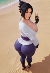 3d ai_generated beach_background cameltoe curvy_figure female female_ female_only full_body hourglass_figure leggings naruto naruto_(series) naruto_shippuden peace_sign sasuko tagme thick_thighs